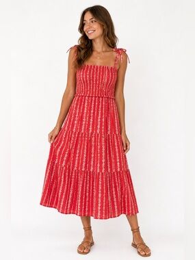LC Lauren Conrad Coral Floral Smocked Midi Dress XL Cottagecore Boho Summer